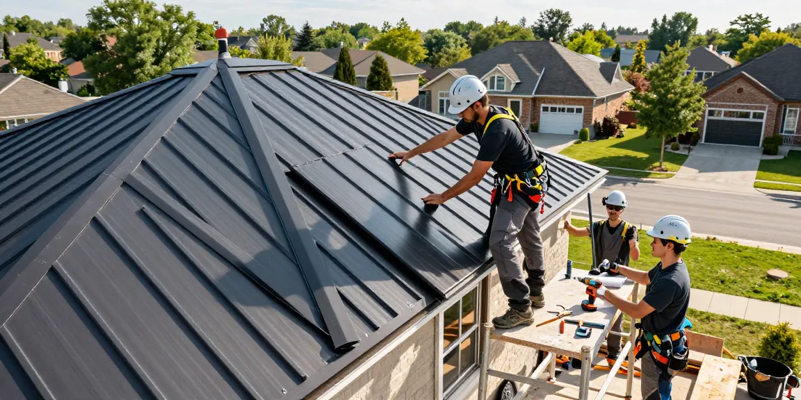 MRoof roofer expertly installing a metal roof on a modern suburban home, showcasing quality and craftsmanship in Toronto.
