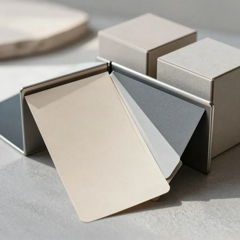 Macro flat lay of vendor sourcing swatches, carton cubes, and a clipped folder spine on pale stone.