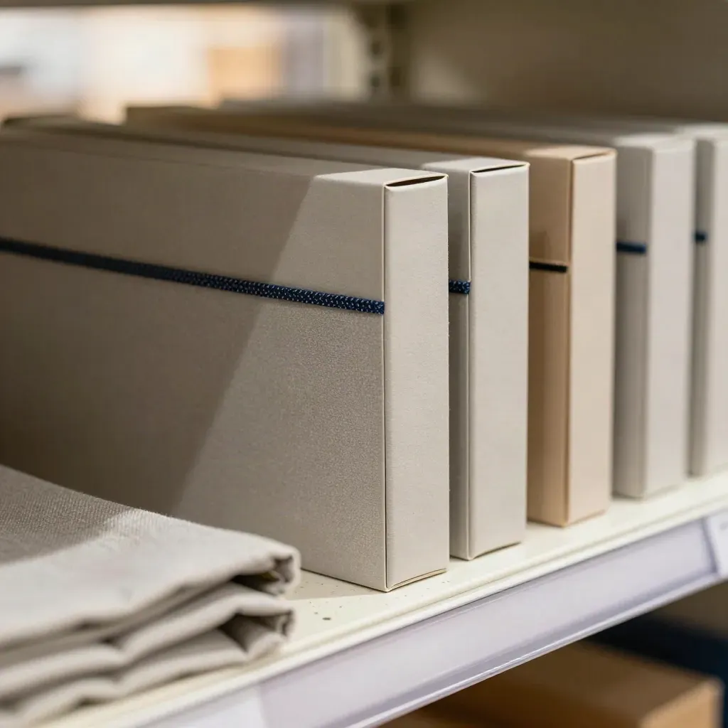 Macro of slim cartons, dividers and folded cloth wrap stacked on pale stone.