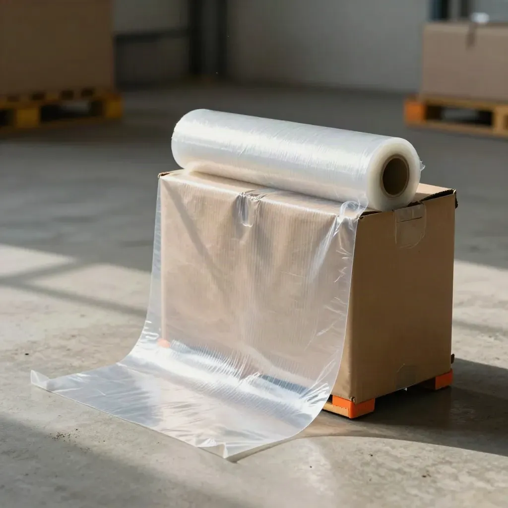 Clear pallet wrap rolls unspooling around a kraft parcel on concrete with orange accent