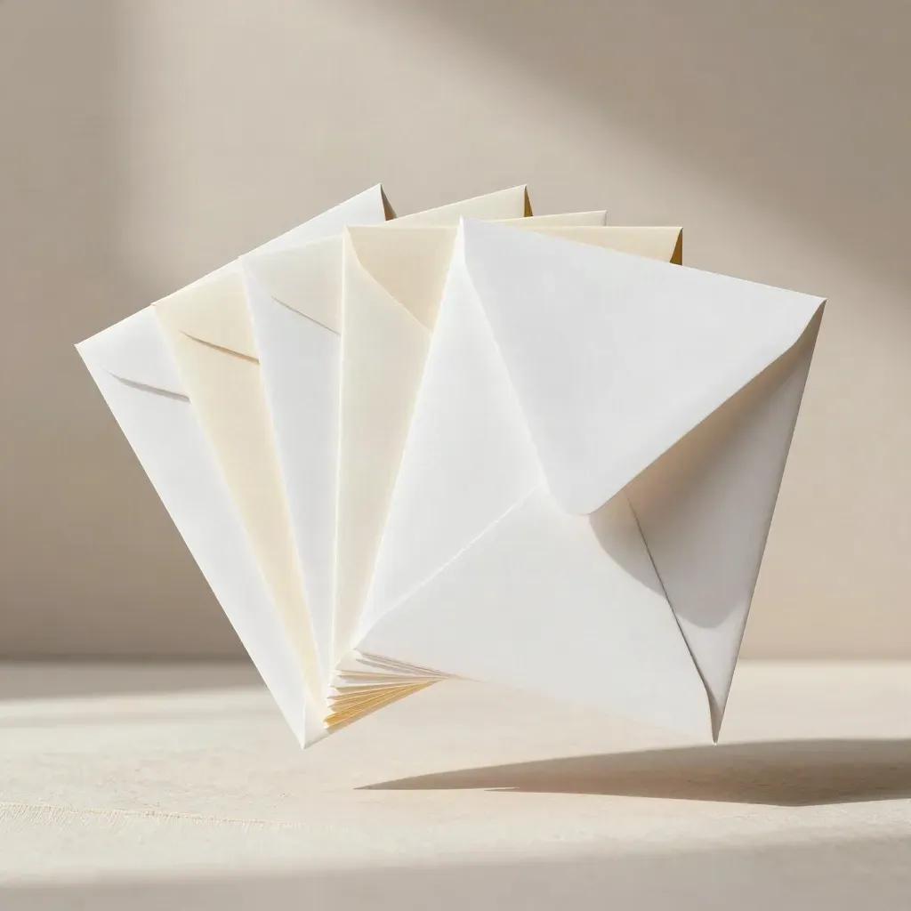 Blank stock cards and sealed envelopes fanned with divider tabs on plaster.