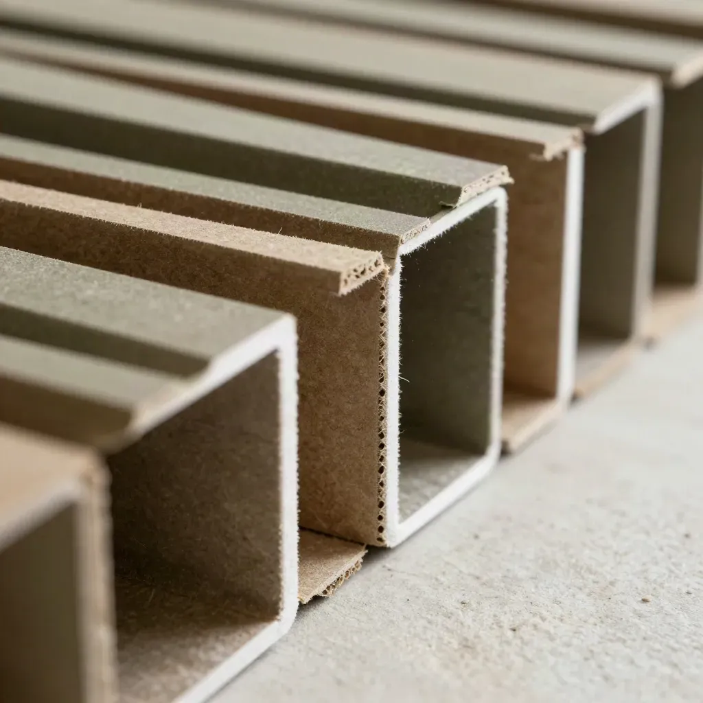 Kraft pallet corner guards stacked in a tense zigzag macro with dust and white rim light.