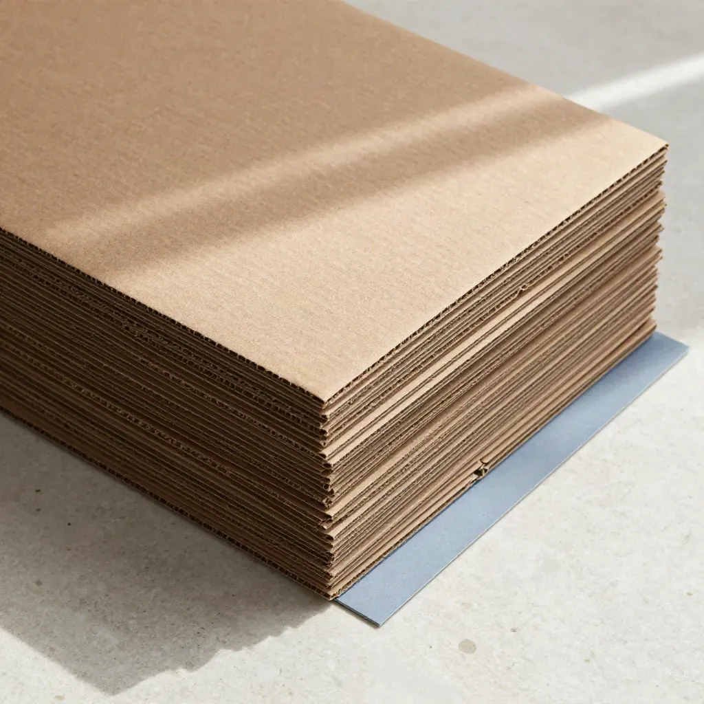 Overhead flatlay of blank corrugated cartons fanned open on pale travertine with a steel-blue accent.
