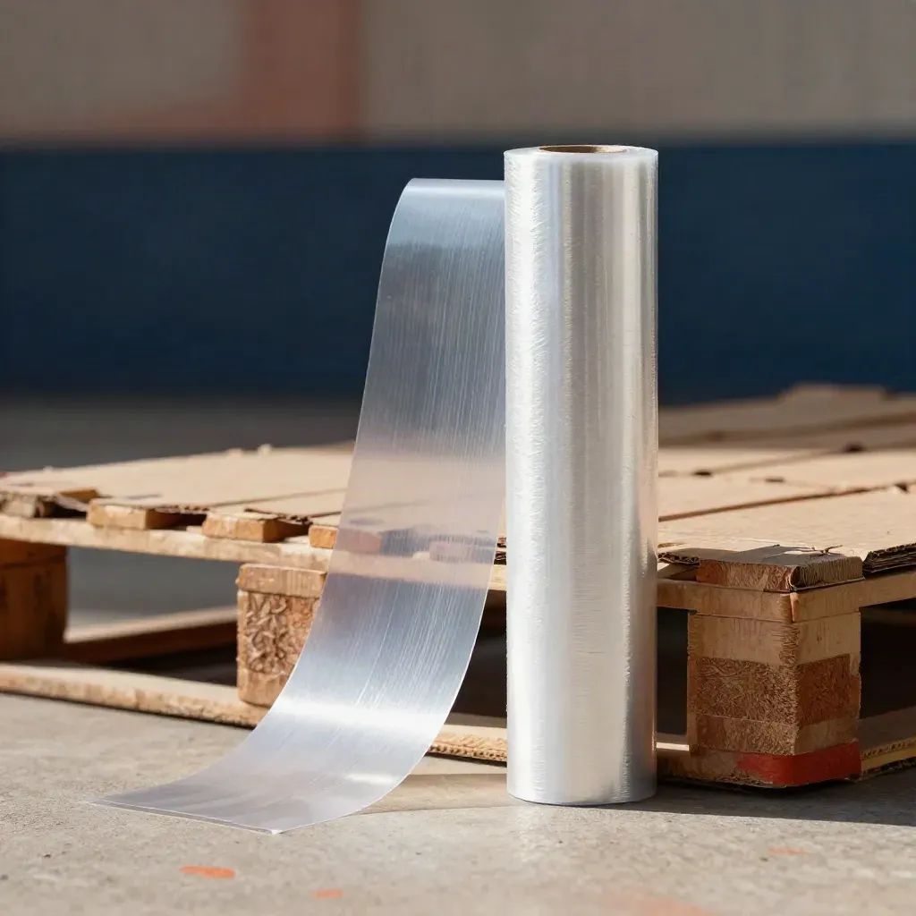 Clear stretch film rolls beside a wrapped pallet corner block on concrete, low-lit in a warehouse