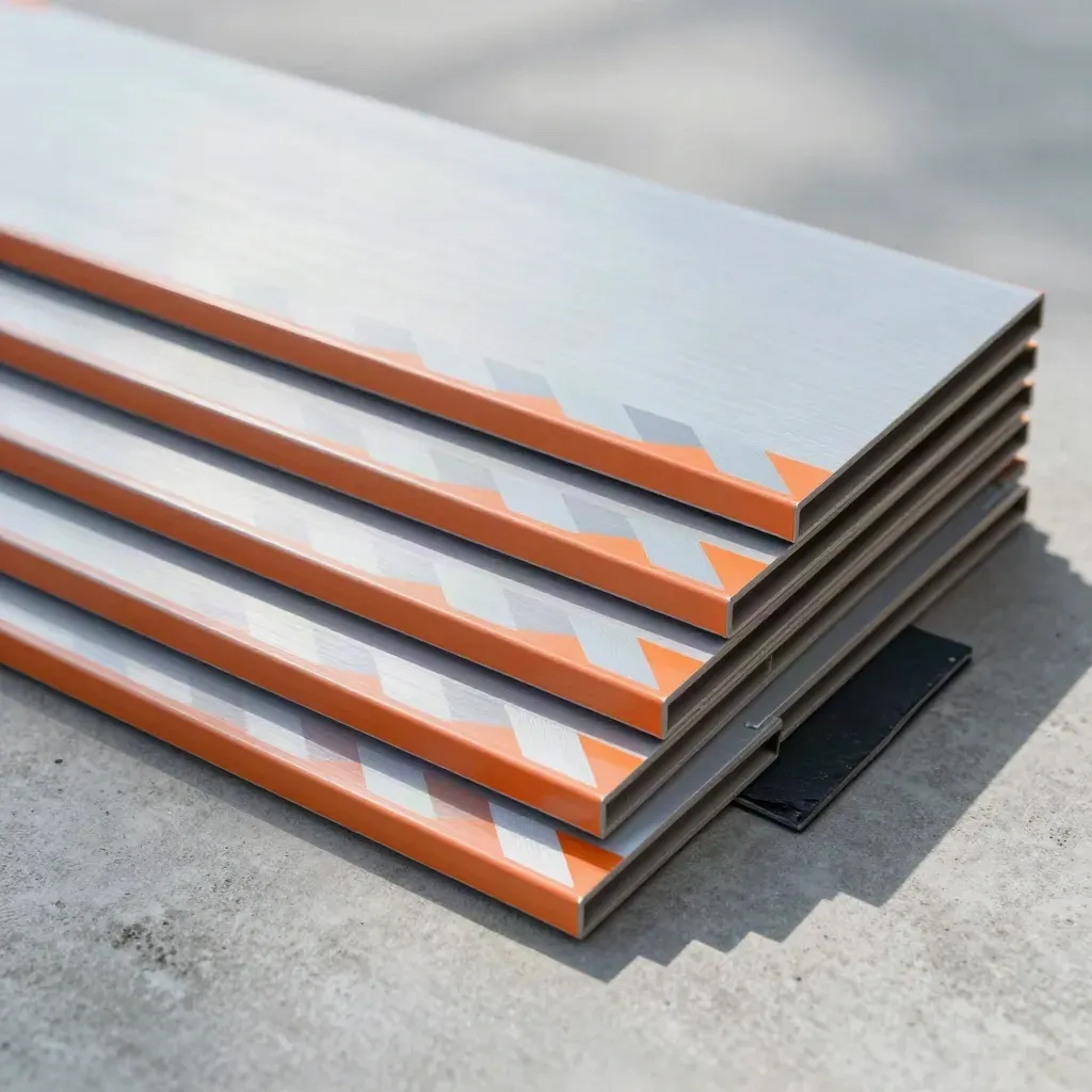 Five dock safety panels fanned on concrete with orange chevrons and mist