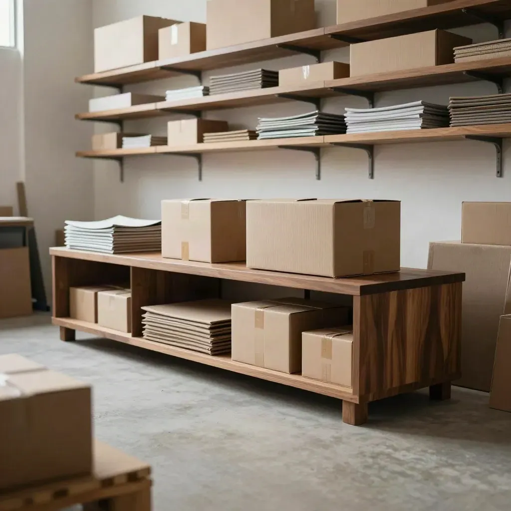 Sunlit sample-room interior with cartons, walnut shelves and calm concrete floor.